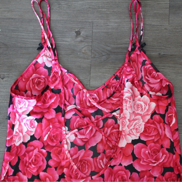 Vintage Y2K Rose Floral Print Pink Coquette Bow Lingerie Slip Dress - Picture 2 of 7